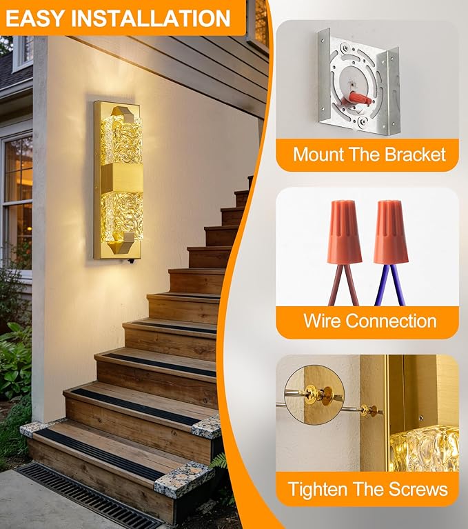 Dusk to Dawn Outdoor Lighting 2 PCS 15.6'' Porch Lights Outdoor IP65 Waterproof Gold Exterior Lighting Fixtures 12W LED Ripple Crystal Glass Modern Outside Light for House Hallway Doorway Patio