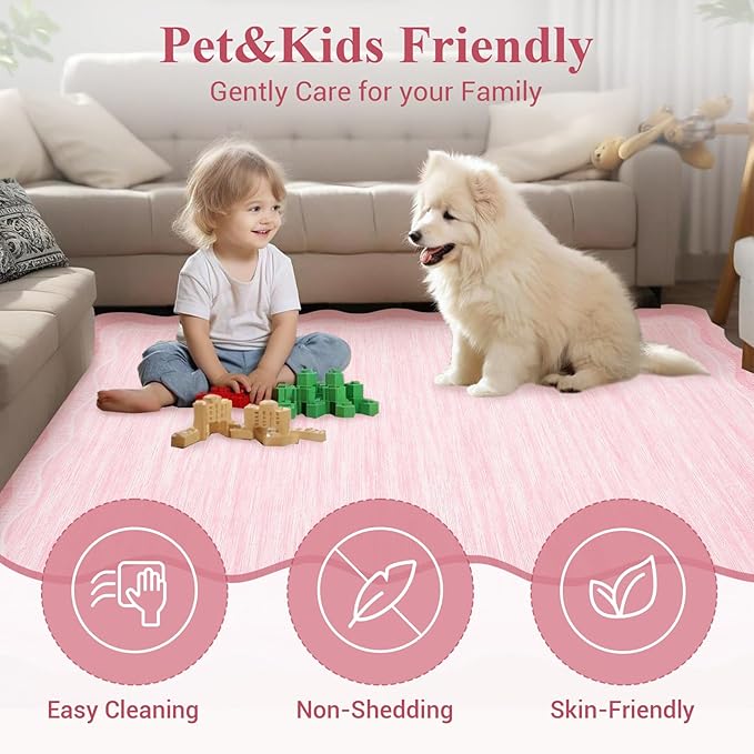 GarveeHome Washable Rugs 8x10 Scallop Living Room Rug Scalloped Rug with Non-Slip Backing, Stain-Resistant Low Pile Easy Cleaning Rugs, Soft Modern Solid Carpet for Bedroom Playroom Nursery, Pink