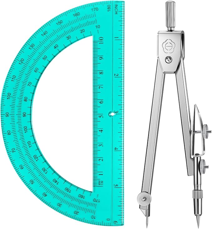 EBOOT Student Geometry Math Set, Drawing Compass and 6 Inch Swing Arm Protractor 180 Degree Math Protractor(Turquoise)