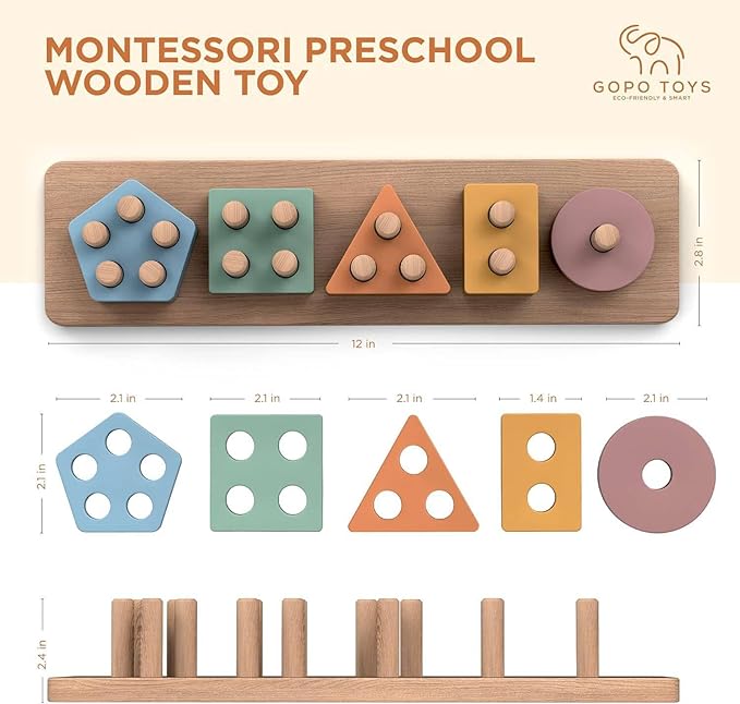 GOPO TOYS Montessori Toys for 1+ Year Old – Wooden Shape Sorter & Stacking Puzzle – Toddler Learning, Fine Motor Skills & Developmental Toy for Boys & Girls