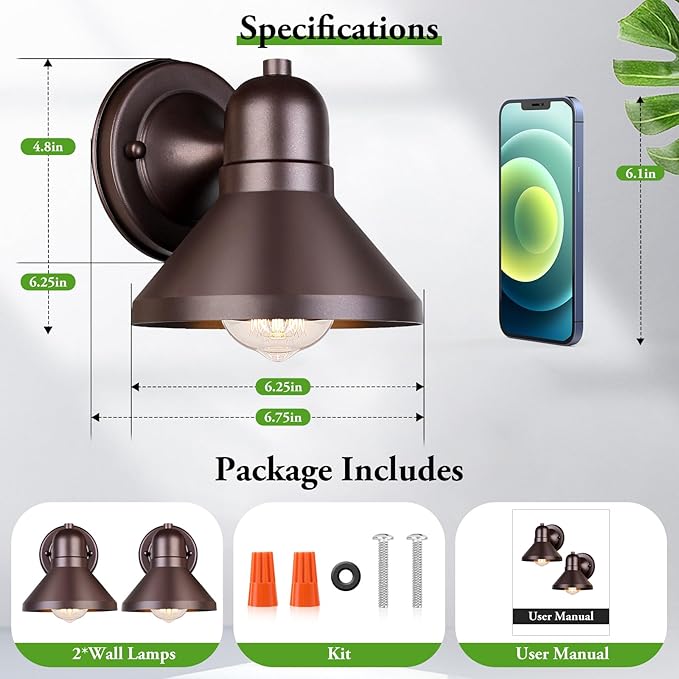 Brightever Outdoor Barn Wall Light Fixtures, 2-Pack Brown Exterior Wall Lantern, Waterproof Anti-Rust Lighting with E26 Socket, Small Outside Lights for House, Patio, Playhouse, Garage
