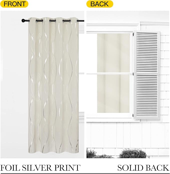 NICETOWN Blackout Curtains Panels for Bedroom, Microfiber Noise Reducing Thermal Insulated Wave Line Foil Print Design Blackout Curtains for Patio Sliding Glass Door (Beige, 2 Panels, 34 x 84 Inch)