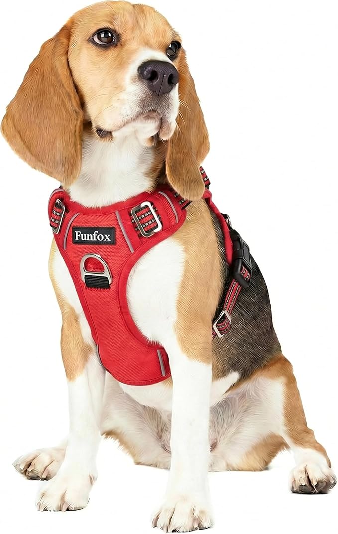 Funfox Dog Harness No Pull, Adjustable Pet Vest Harness, Super Soft Material with Vertical Handle Easy Control, Reflective Night Walking, 2 Leash Clips for Medium Sized Dogs, Red, M