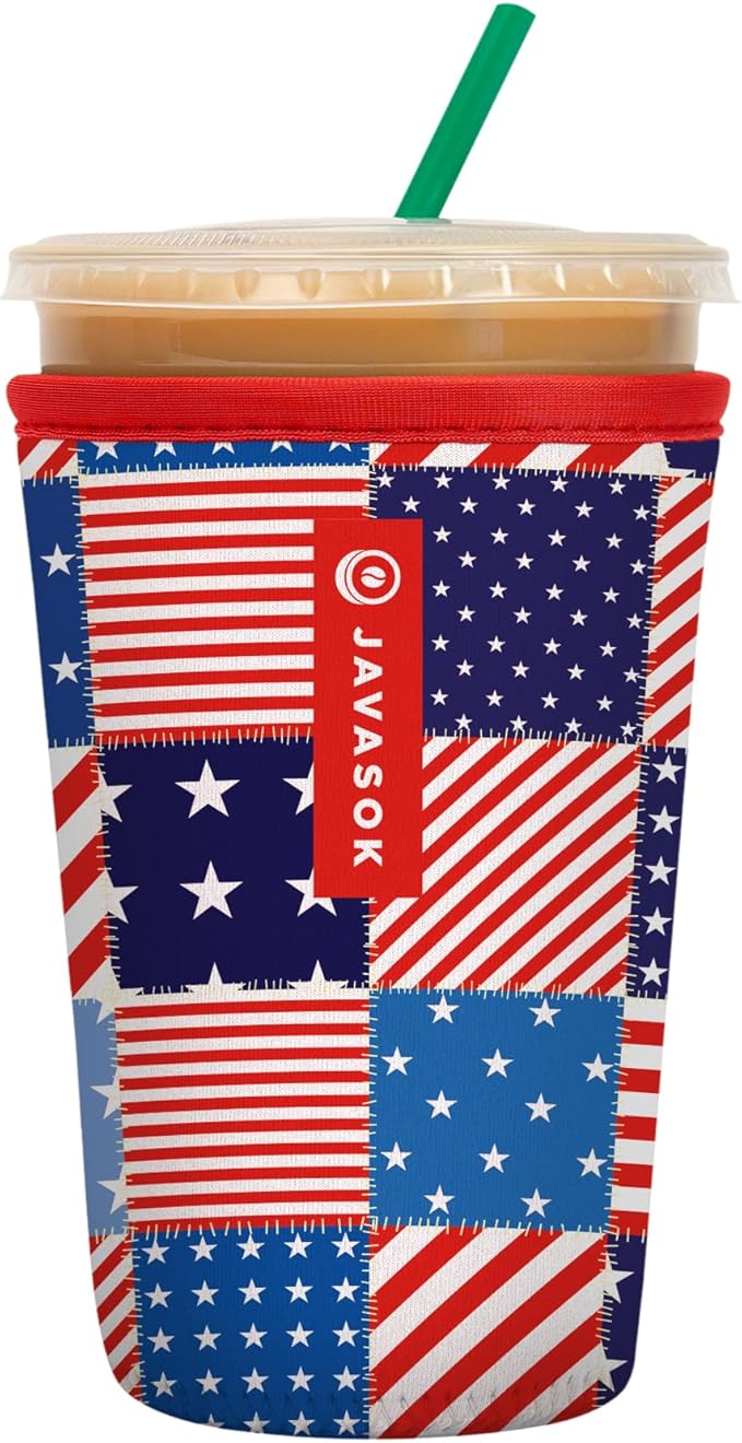 Sok It JavaSok Iced Coffee & Cold Soda Insulated Neoprene Cup Sleeve (Patriotic Patchwork, Medium: 22-28oz)
