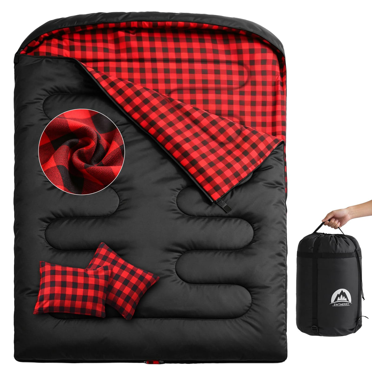 Swtmerry Flannel Double Sleeping Bag for Adults with 2 Pillows Cold Weather, Big & Tall Queen Size XL Sleeping Bag for 2 Person, Waterproof & Lightweight Warm for All Season
