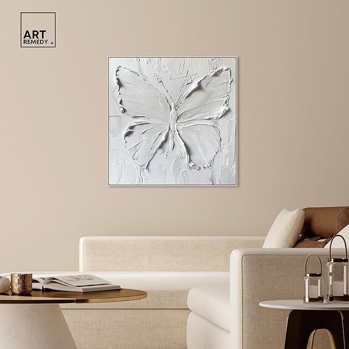 Art Remedy White Butterfly Canvas Elegant White Gold Wall Art, Silver Frame, 40" x 40"