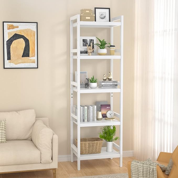 Homykic Bamboo Bookshelf, 5-Tier Narrow 55.9” Adjustable Book Shelf Bookcase Bathroom Shelves Freestanding Storage Stand for Living Room, Bedroom, Kitchen, Rust Resistance, Easy Assembly, White