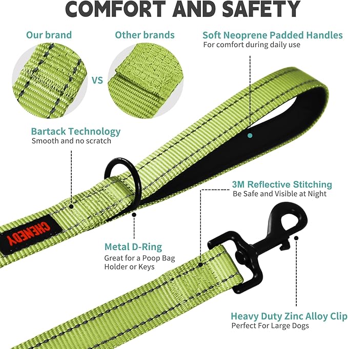 Heavy Duty Dog Leash, Leashes for Large Breed Dogs, Double Handle Dog Leash, Reflective Training Lead, Perfect for Medium to Large Dogs(6FTlight Green)