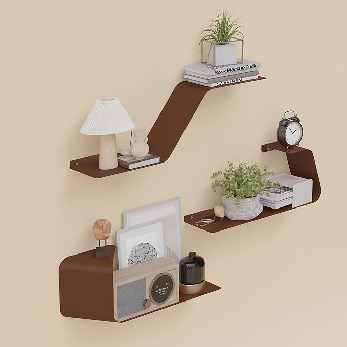 Floating Wall Shelves Set of 3, Metal Mounted Shelf with Unique Design, Bookshelf for Storage & Display in Bathroom, Bedroom, Kitchen, Living Room, Brown Home Decor