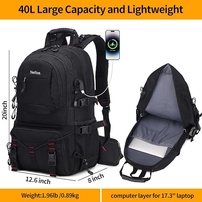 Nerlion 40L Hiking Backpack Travel Backpack for Men Women Camping Waterproof Outdoor Hiking Daypack Lightweight Backpack (Black)