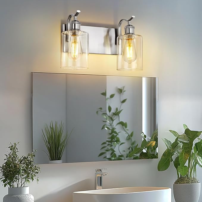 2-Light Bathroom Vanity Light, Brushed Nickel Wall Sconce, Modern Bathroom Light with Clear Glass, VL01BN-2