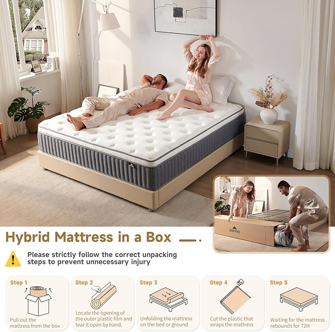 10 Inch Queen Size Hybrid Mattress with Gel Memory Foam and Individual Pocketed Coils for Motion Isolation & Edge Support, Medium Firmness for Pressure Relief, CertiPUR-US Certified,in a Box