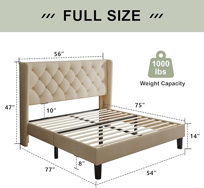 Feonase Full Size Bed Frame with Upholstered Wingback Headboard, Platform Bed and Heavy Duty Wooden Slats Support, Easy Assembly, Noise-Free, No Box Spring Needed, Beige
