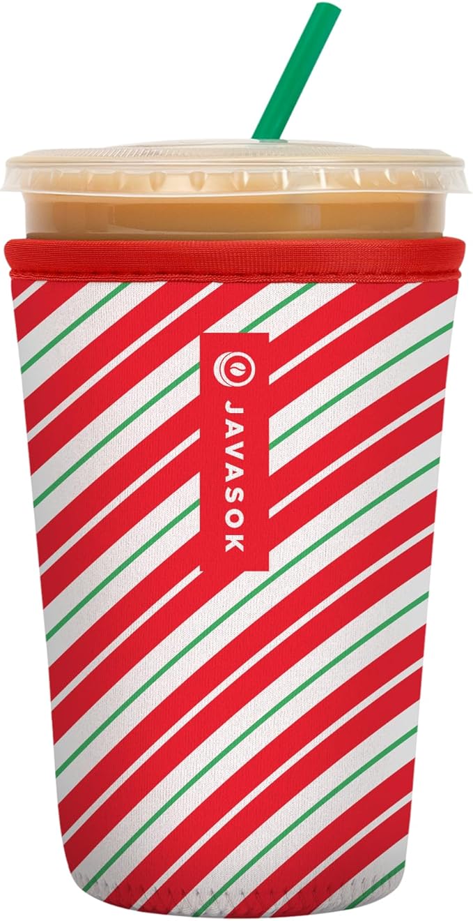 Sok It JavaSok Iced Coffee & Cold Soda Insulated Neoprene Cup Sleeve (Candy Cane Stripes, Medium: 22-28oz)