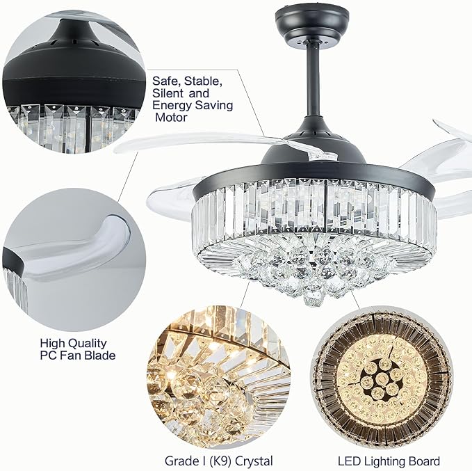 DuMaiWay 48" Dimmable Crystal Ceiling Fan Chandelier with Remote 6 Speeds, 4 Blades Retractable Fans for Bedroom Living Room Dining Room-Black