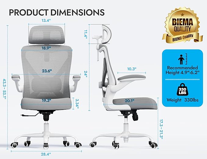 Ergonomic Office Chair - X-Shaped Computer Desk Chair Comfy, Gaming Chair, Office Chair with Lumbar Support, Mesh Office Chairs with Headrests, Desk Chair for Long Hours (White Ash)