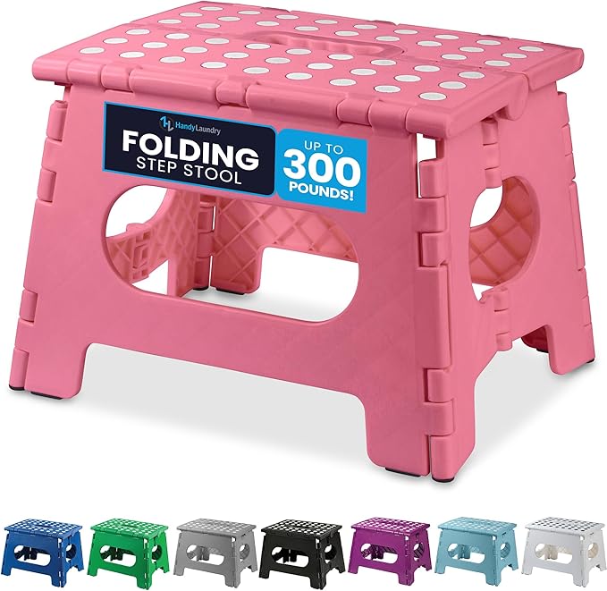 Handy Laundry - Folding Step Stool - Sturdy Enough Collapsible Stool to Support Adults and Safe Enough for Kids - Opens Easy with One Flip - Great for Kitchen, Bathroom or Bedroom (Pink - 9 Inch)