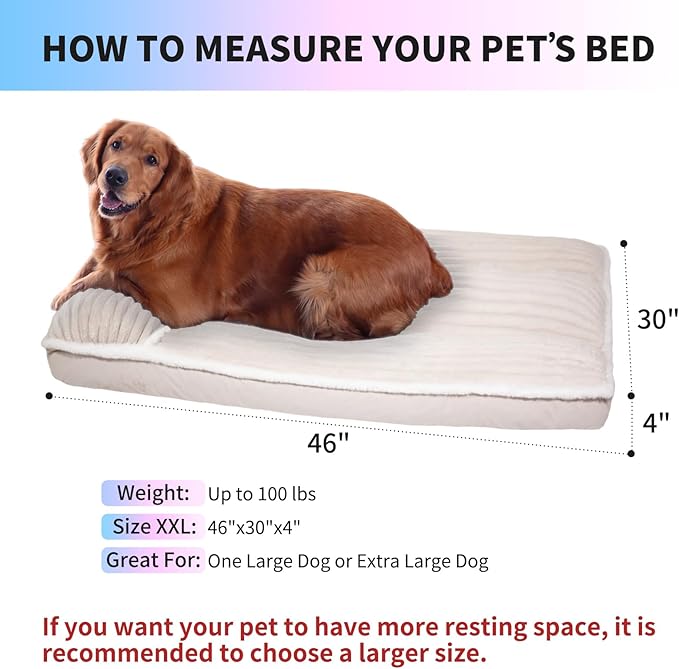 Luxury Dog Bed with Pillow Cute Flannel Pet Bed with Removable Washable Cover & Anti-Slip Bottom, Fluffy Dog Mat for Crate Kennel (Cream, XX-Large(46x30x4in))