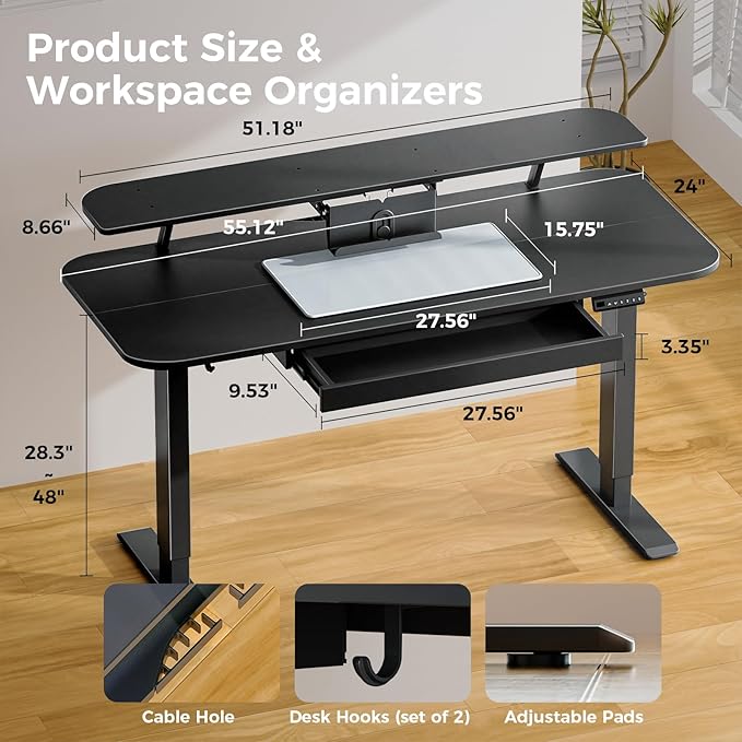 COMHOMA Electric Standing Desk with Drawers, 55 x 24 Inch Sit Stand up Desk with Monitor Stand, Laptop Stand, Height Adjustable Home Office Computer Desks with Memory Preset Controller (Ebony Black)