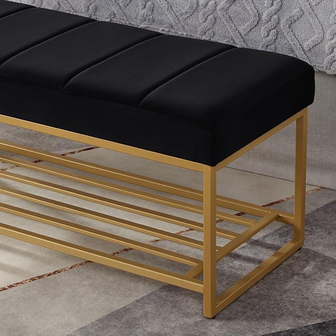 24KF Black Velvet Upholstered End of Bed Bench with Metal Shelf, Modern Tufted Channel Entryway Bench Footboard Bench for Living Room, Bedroom, Gold Bench,5036-Black