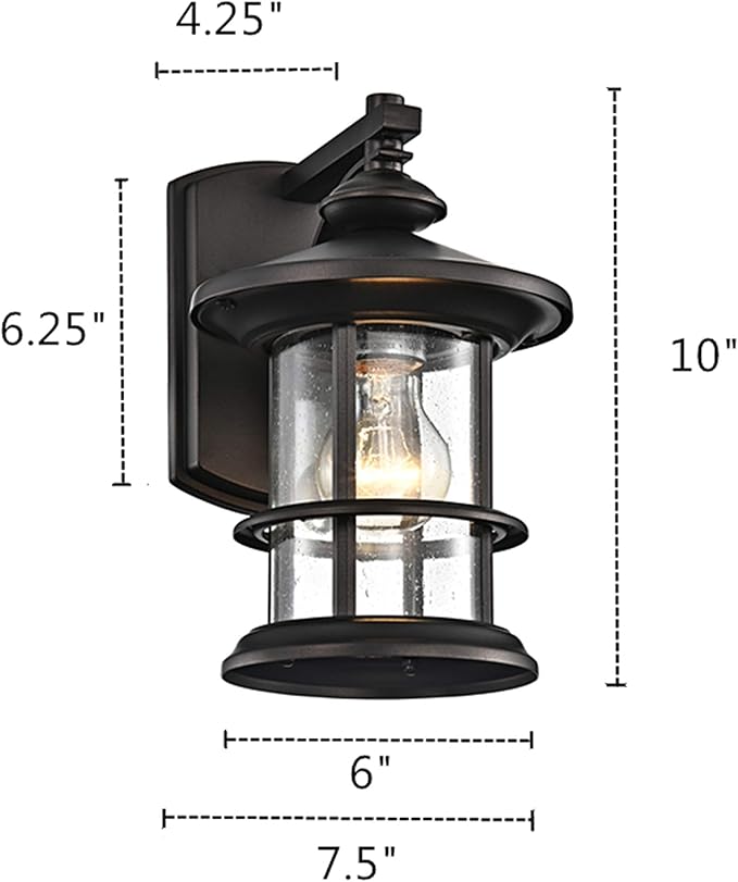 MICSIU 100W Max Vintage Farmhouse Outdoor Wall Light, 10 Inch Oil Rubbed Bronze Metal Exterior Sconce, Clear Seedy Glass Porch Light for Entryway, Garage, or Bathroom