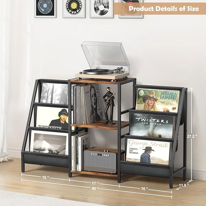 Bikoney Record Player Stand - 6-Tier Vinyl Record Storage for Up to 280 Albums, Holder for Living Room