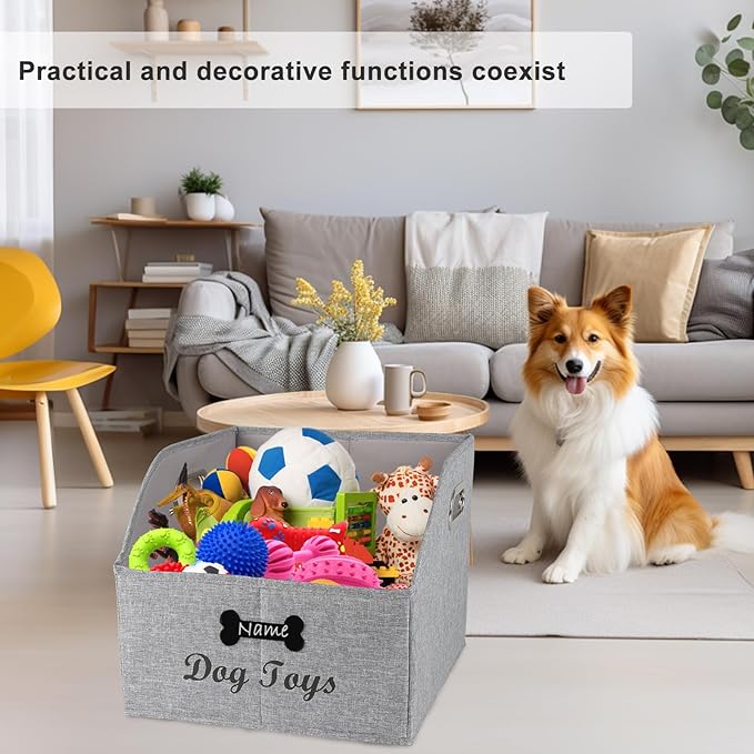 Large Collapsible Dog Toy Basket,Fabric Trapezoid Dog Toy Bin,Stable Dog Toy Storage Box with Metal Handle,for organizing Dog Puppy Toy Blanket Collar Clothes Snacks-Can be Personalized-Gray