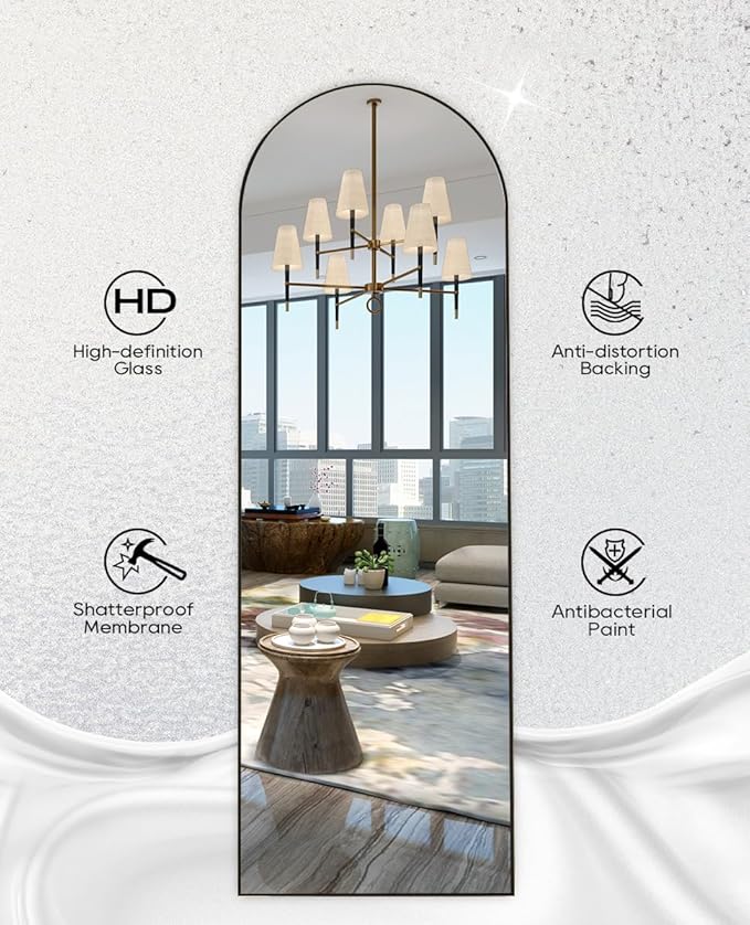 Floor Mirror, 64"x21" Black Full Length Mirror, Arched Mirrors Full Length, Freestanding Mirrors, Arch Floor Length Mirror with Thin Aluminum Frame Hanging or Leaning, Wall Mounted Mirror for Bedroom