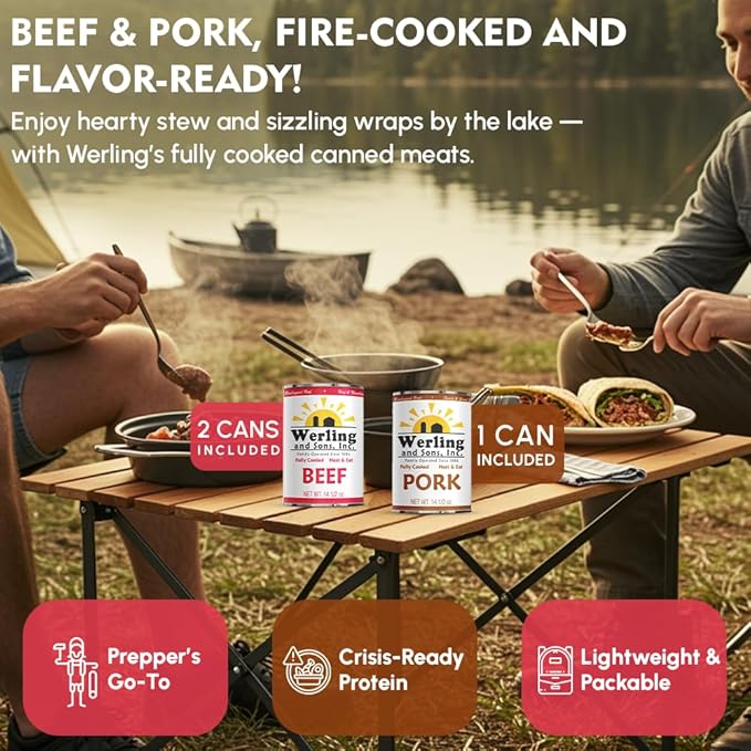 Werling & Sons Canned Meat Variety Pack 14.5 oz – Fully Cooked & Ready to Eat | 2 Beef, 2 Chicken, 2 Hamburger, 1 Turkey, 1 Pork, 1 Shredded Pork, 1 Goetta, 1 Sausage, 1 Taco | Pantry Staples, Emergency Food, Camping Meals | Pack of 12