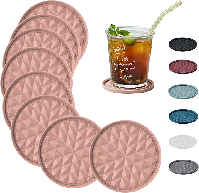 Silicone Coasters for Drinks[8 Pack, No Holder]- Cup Mat for Tabletop Protection-Non-Slip, Non-Stick, Coffee Table Decor, Great Gift for Any Occasion, Pink