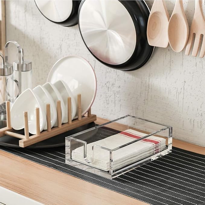 IEEK Acrylic Guest Towel Napkin Holder,Clear Bathroom Paper Hand Towels Storage Tray Modern Buffet Napkin Caddy,Fancy Flat Napkin Holders For Kitchen or Dining Room,9x5.5x2.5 Inch,Pack of 1