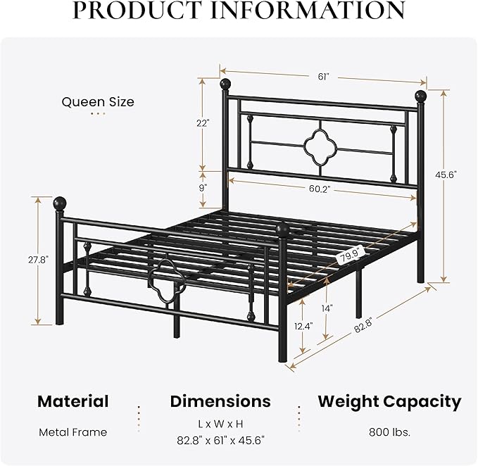 SHA CERLIN 14 Inches Queen Size Metal Platform Bed Frame/Vintage Iron-Art Headboard and Footboard/Mattress Foundation for Storage/No Box Spring Needed/Noise-Free/Easy Assembly/Black