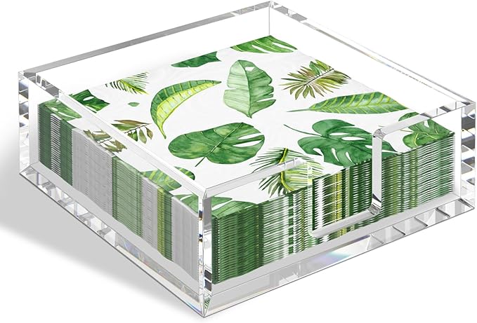 HIIMIEI Acrylic Napkin Holder for Table: Square Luncheon Napkin Tray, Flat Decorative Guest Towel Holder for Bathroom, Kitchen, Bar, Dinner, Party, 7.6 x 7.6 inches（Clear)