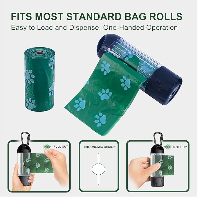 2-Pack Dog Poop Bag Holder with Flashlight 7-Color, USB-C Rechargeable doggie bag holder for leash, IPX6 Waterproof Anti-Slip Clip Pet Waste Bag Dispenser for Walking (60 Bags Included)