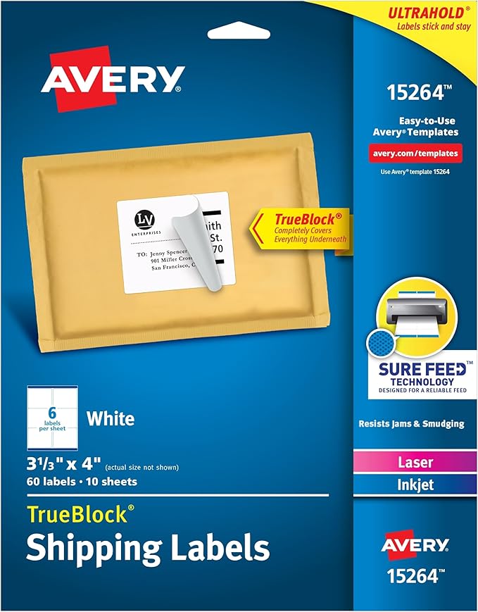 Avery Printable Shipping Labels, Sure Feed Technology, 3-1/3" x 4", White, Laser/Inkjet Printable, 60 Blank Mailing Labels (15264)