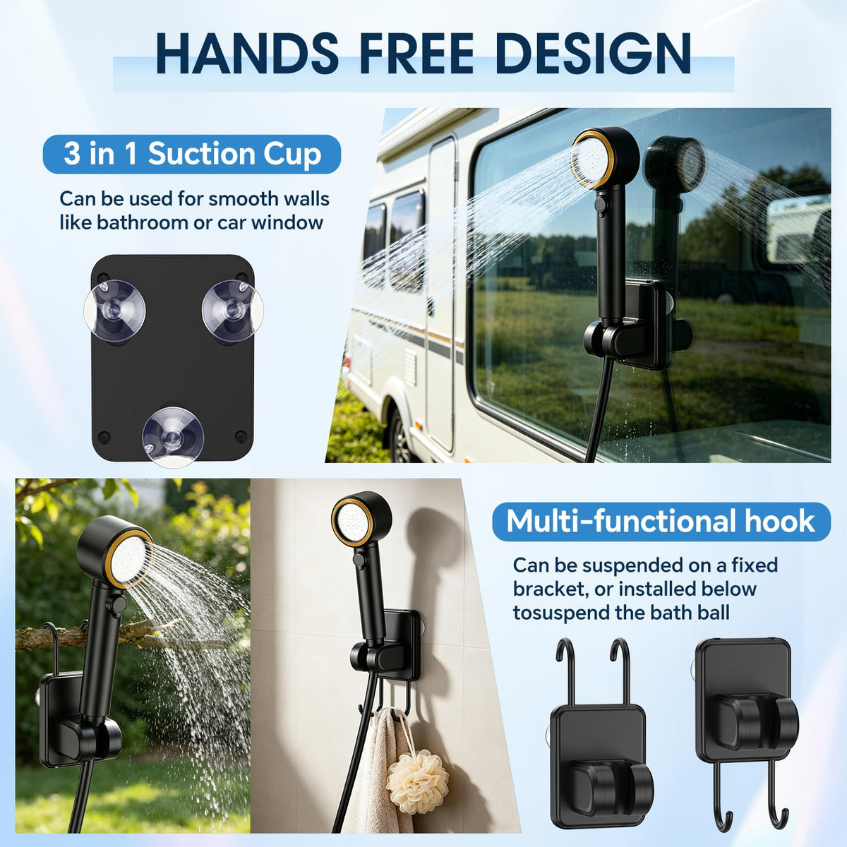 Portable Shower for Camping, 8000mAh Rechargeable Camp Shower Pump, LED Display Temp & Power, 5 Pressure Settings, 4 Spray Modes (+Spray Gun), IPX8 Waterproof, Ideal for Outdoor, Beach, Pet, Car Wash