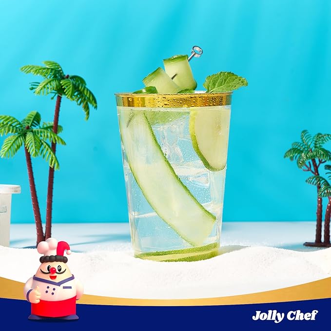 JOLLY CHEF 200 Pack 12 oz Gold Plastic Cups Elegant Gold Rimmed Disposable Cups Heavy-Duty Party Cups for Wedding, Thanksgiving, Christmas Parties