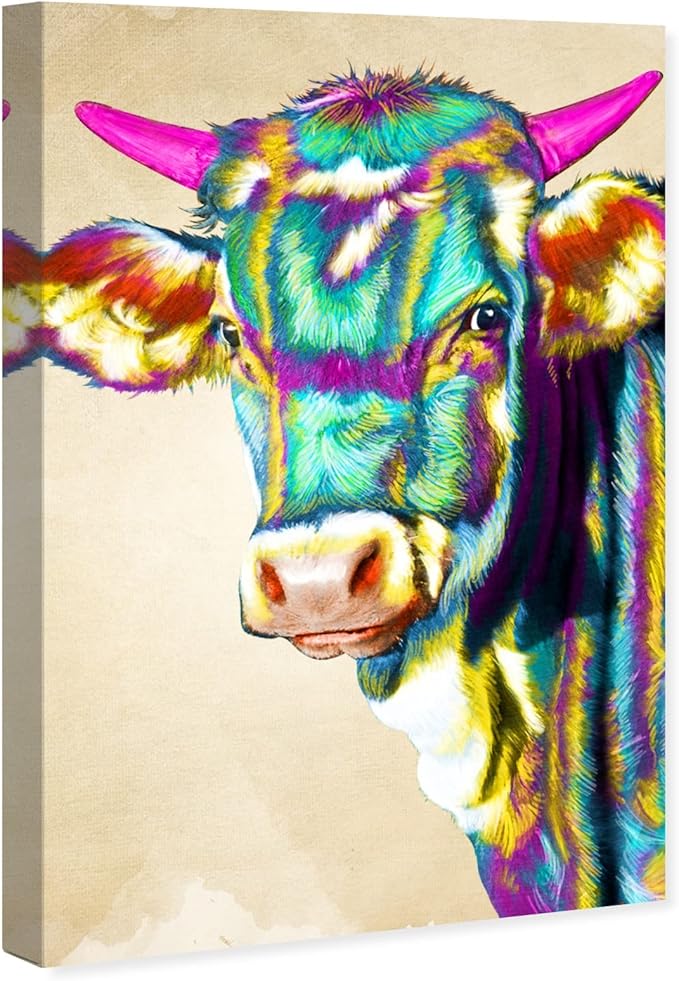 Country Farmhouse Canvas Print Painting Animal Wall Art 'Fun Colorful Glam Farm Cow' Unframed Gallery Wrapped Canvas Rustic Home Décor 10x15 in Green, Pink by Oliver Gal