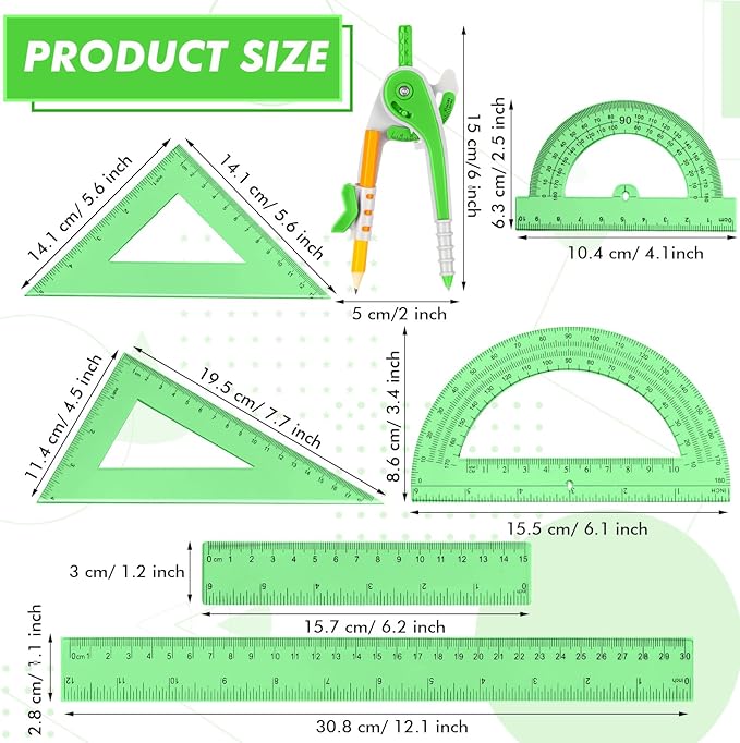Zonon 1 Set Plastic Geometry Math Set 7 Pcs Includes 6'' / 4 '' Protractor, Drawing Compass, 45/60 Degree Triangle Rulers, 12'' / 6'' Math Ruler Transparent for Office Supplies(Green)