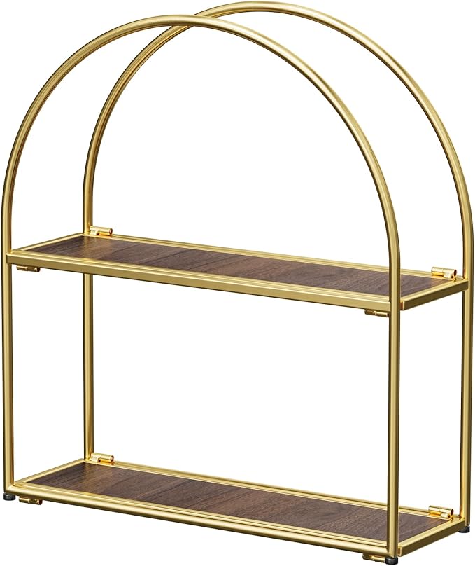 Crofy Gold Arched Frame Wall Shelf, Decorative 2 Tier Bathroom Wall Shelf with Walnut Finish Shelves and Robust Storage Capacity, 6" D x 17.9" W x 19.18" H