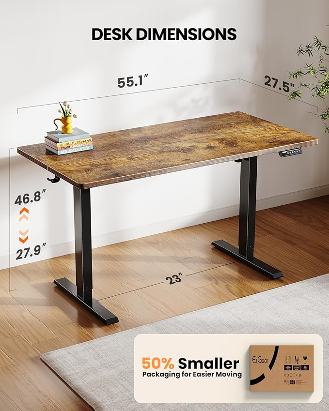 ErGear Electric Standing Desk, 55 x 27.5 inches, Height Adjustable Computer Desk with Memory Smart Panel, Vintage Brown