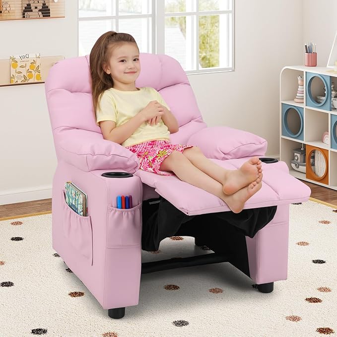Costzon Kids Recliner Chair with Cup Holder, Adjustable Lounge Chair w/Footrest & Side Pockets for Children Boys Girls Room, Ergonomic Toddler Furniture Sofa, Kids Pink Recliner (Pink)