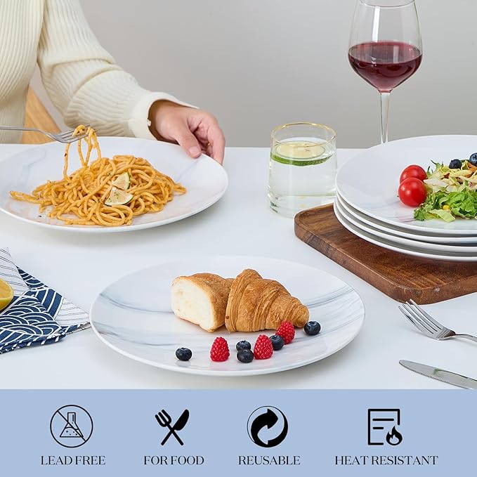 bestone Dinner Plates, 10.5 Inch Plates Set of 6, Porcelain Round Dessert Salad Dinner Plates, Serving Dishes for Kitchen, Dishwasher, Microwave, Freezer, Oven Safe, Marble Blue