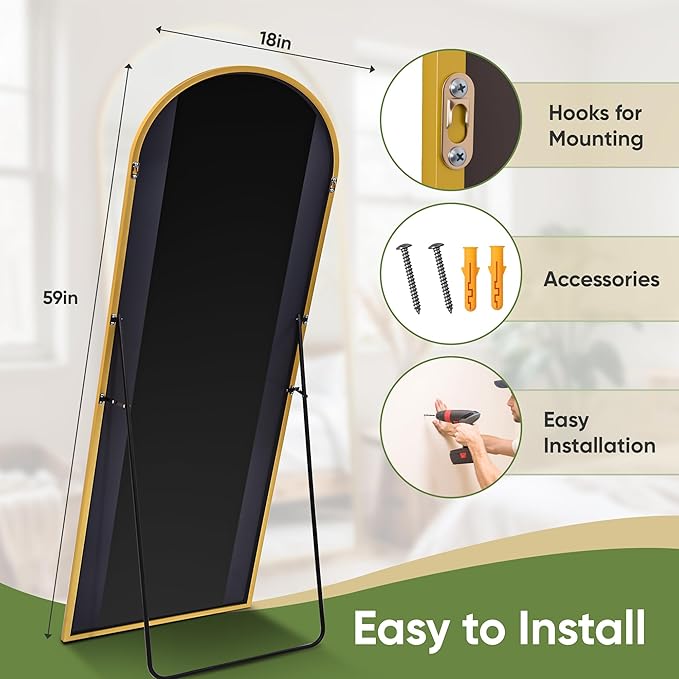 Full Length Mirror, 59"x18" Arched Full Body Mirror, Floor Mirrors with Stand, Body Mirrors Standing Hanging Leaning Against Wall,Aluminum Frame Mirrors for Bedroom Cloakroom,Living Room,Gold