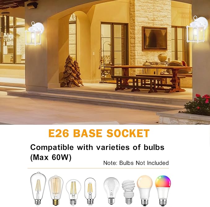 Outdoor Wall Lantern, Exterior Waterproof Wall Sconce Light Fixtures, White Front Porch Lights with Clear Glass, Anti-Rust Metal Outside Lighting Fixture for House Doorway Garage, 2-Pack