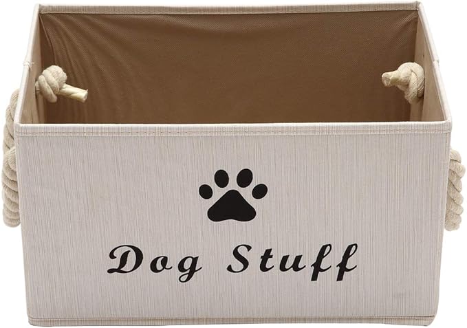 Geyecete Large Fabric Storage Bins Organizer with Weave Rope Handle, Collapsible Cube Basket Container Box for Dog Apparel & Accessories,Dog Coats,Dog Toys Gift Baskets-Beige