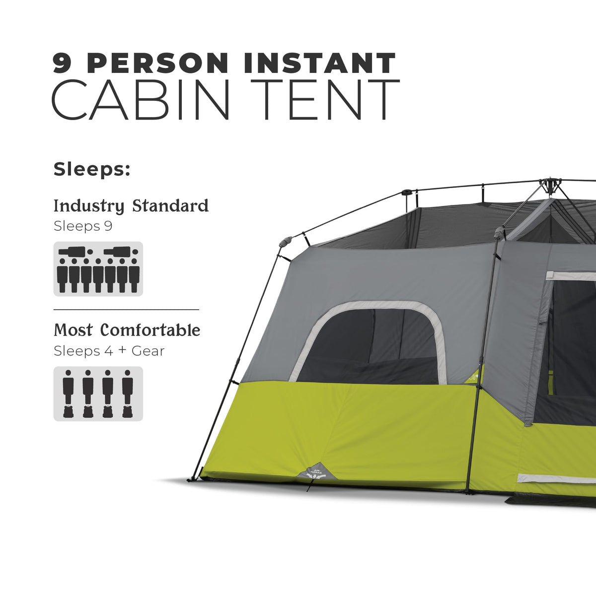 CORE 9 Person Instant Cabin Tent | Large Multi Room Family Pop Up Tent for 2 Minute Camp Setup | Included Storage Pockets for Camping Accessories