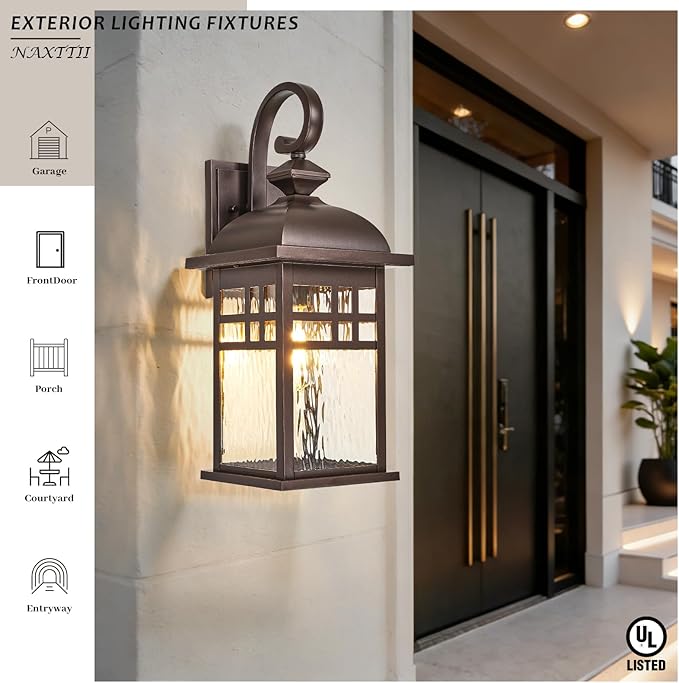 Outdoor Wall Lights Waterproof Exterior Lighting Fixtures with Water Ripple Glass 15 Inch Height Anti-Rust Porch Lights for House Garage Doorway