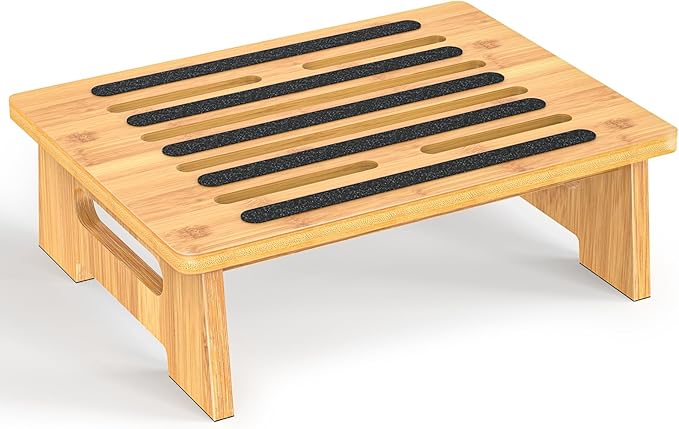 One Step Stool for Adults Seniors and Kids with Non-Slip Surface, Natural Bamboo Stepping Stools for High Bed, Bathroom and Kitchen, Hold Up to 450 LBS, Lightweight, Waterproof, Easy to Install