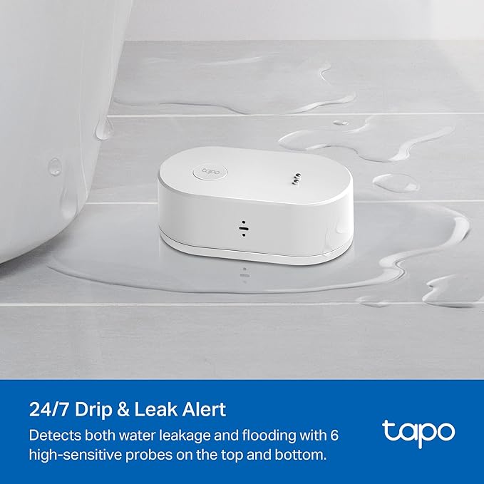 TP-Link Tapo Smart Water Leak Detector, Requires Tapo Hub, Water Leak Sensor Wi-Fi with Rapid Dripping Detection, 90dB Adjustable Alarm, App Alerts, Compatible with Alexa and Google Home, T300